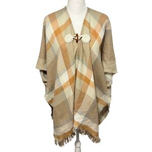 Steve Madden Neutral Plaid Toggle Closure Fringe Hem Cape Shawl Poncho O/S‎